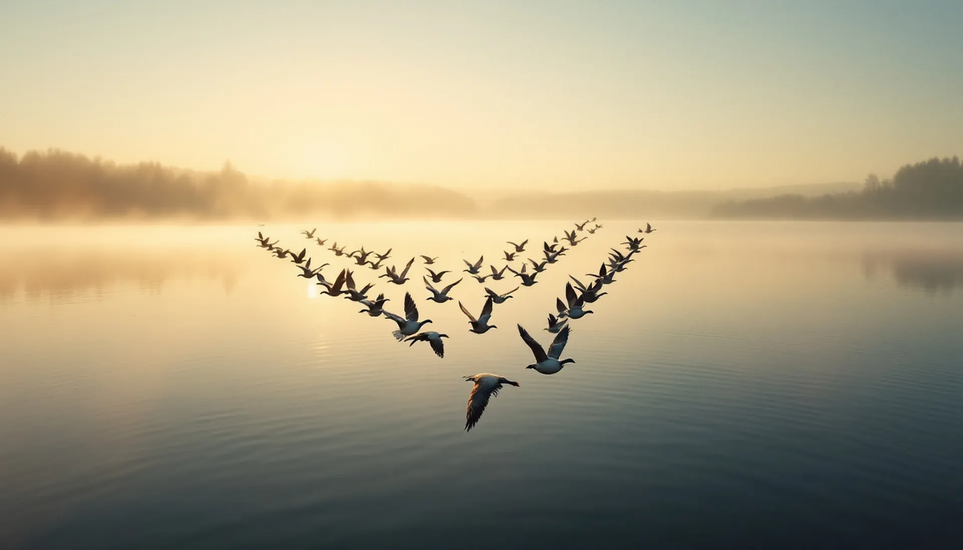 A flock of geese flying in a clean V formation over a calm misty lake at dawn, VectorCover personal loan requests $100 to $5,000